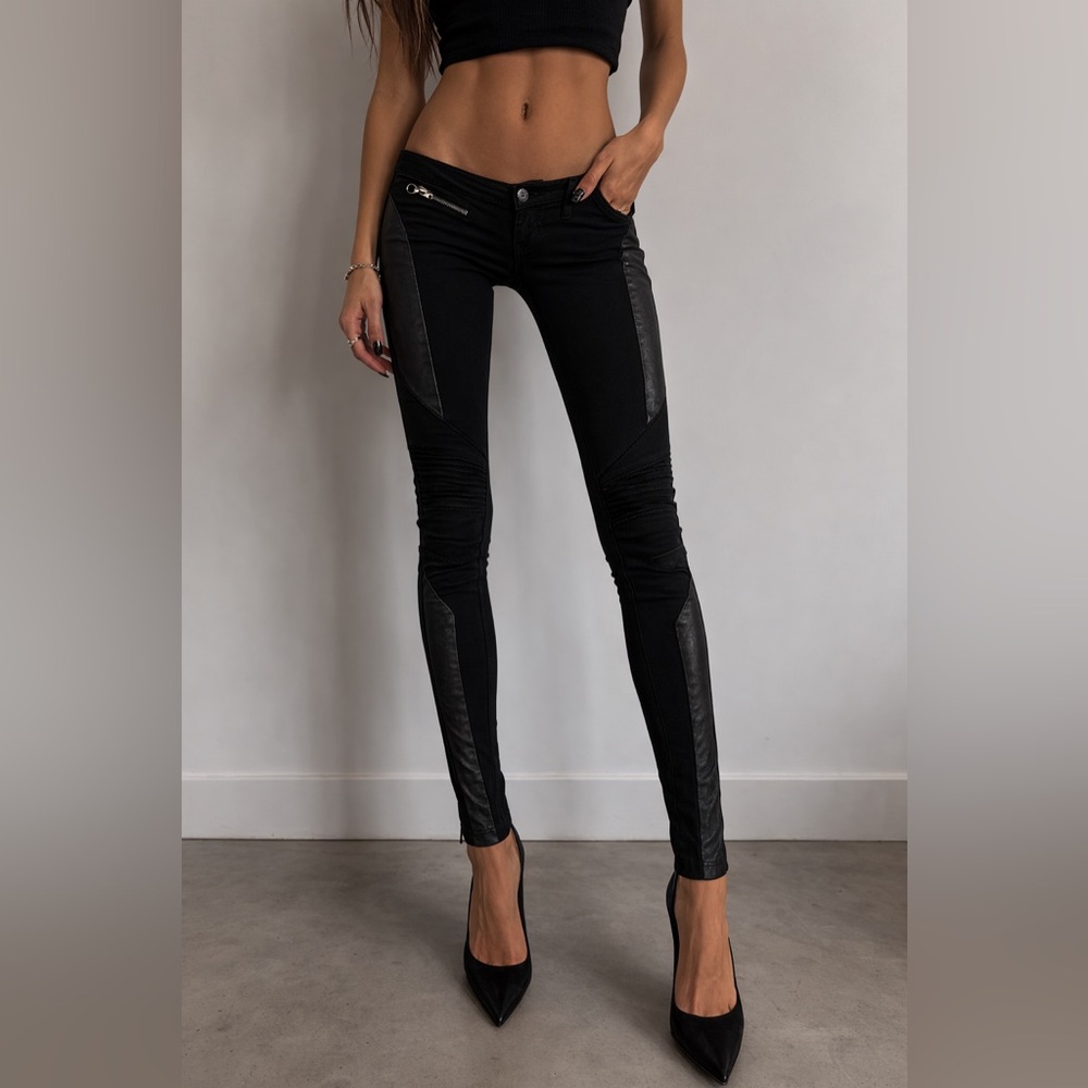 Rag & Bone Black Leather Patch Panelled Moto Skinny Legging Pants